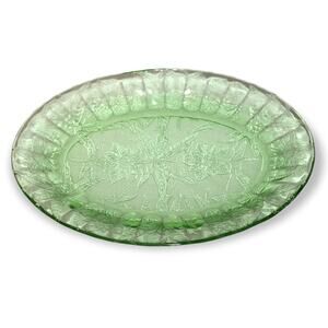 Vintage Jeannette Glass FLORAL POINSETTIA Green depression platter oval plate